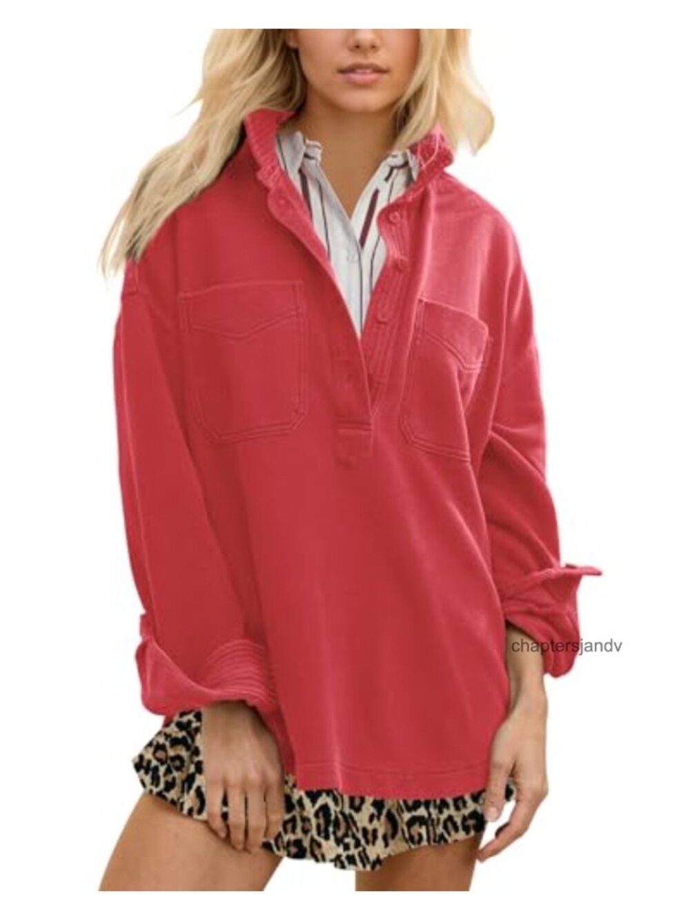 Oversized Polo Neck Sweatshirt Pullover Top Button Front Fall Outfit